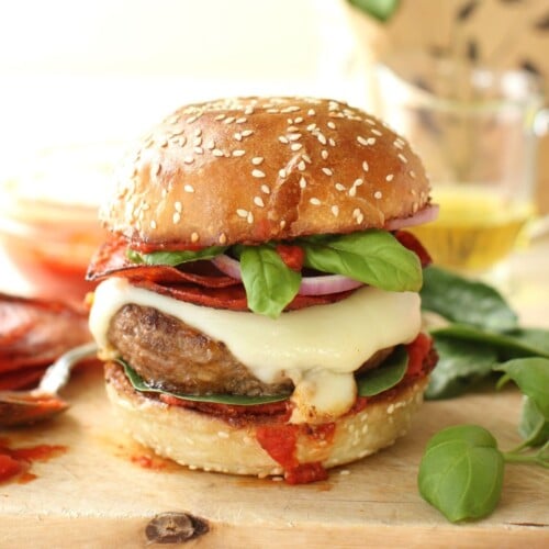 square thumbnail, close-up of loaded pizza burger bun.
