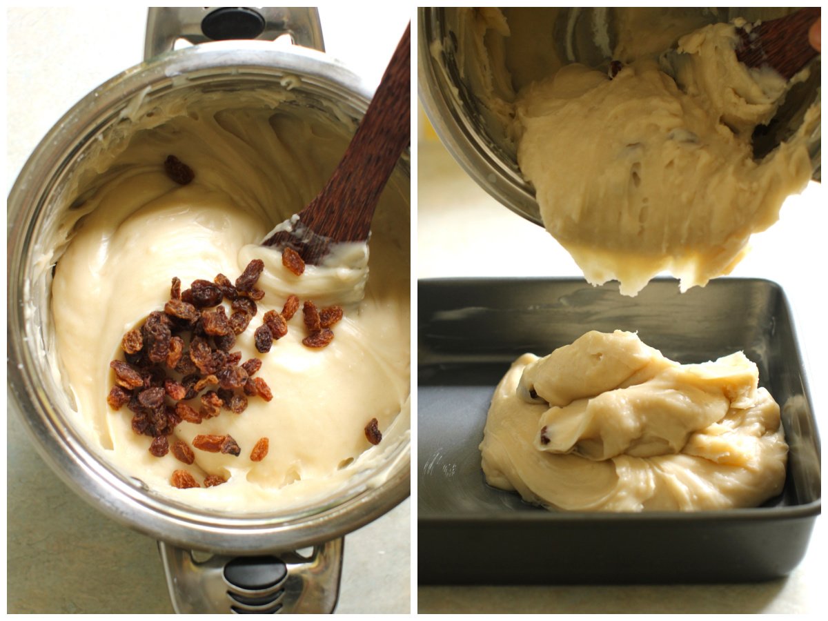 2 photo collage, stirring the raisins and scraping the dough into the pan.