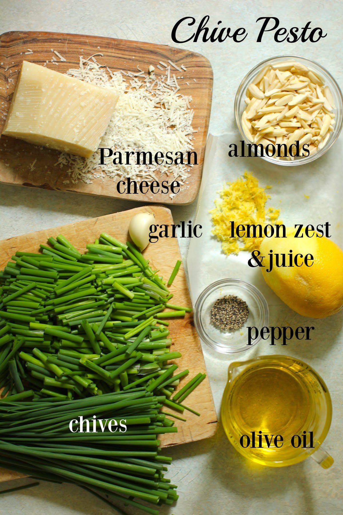 labeled ingredients for chive pesto.