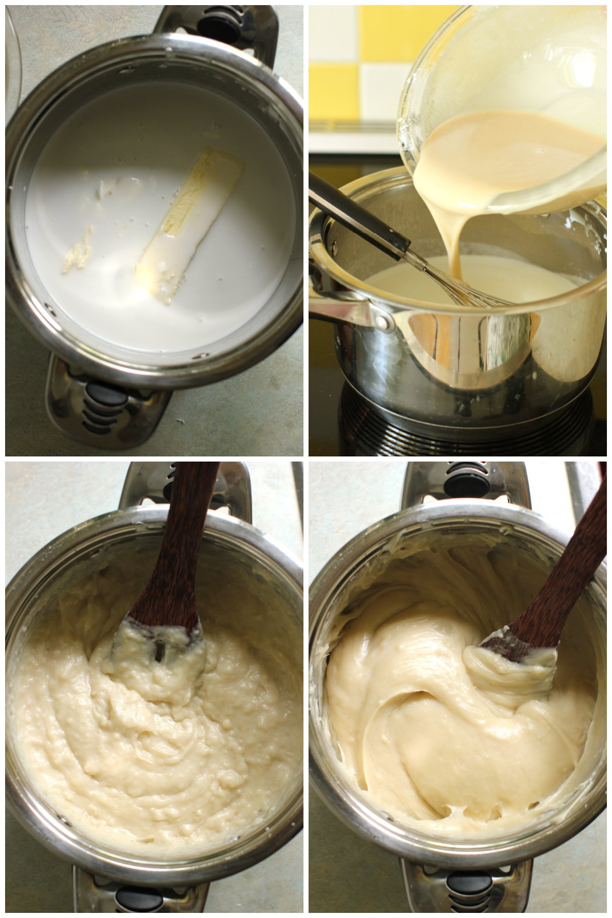 4 photo collage of cooking and stirring the tamal de maicena in a saucepan.