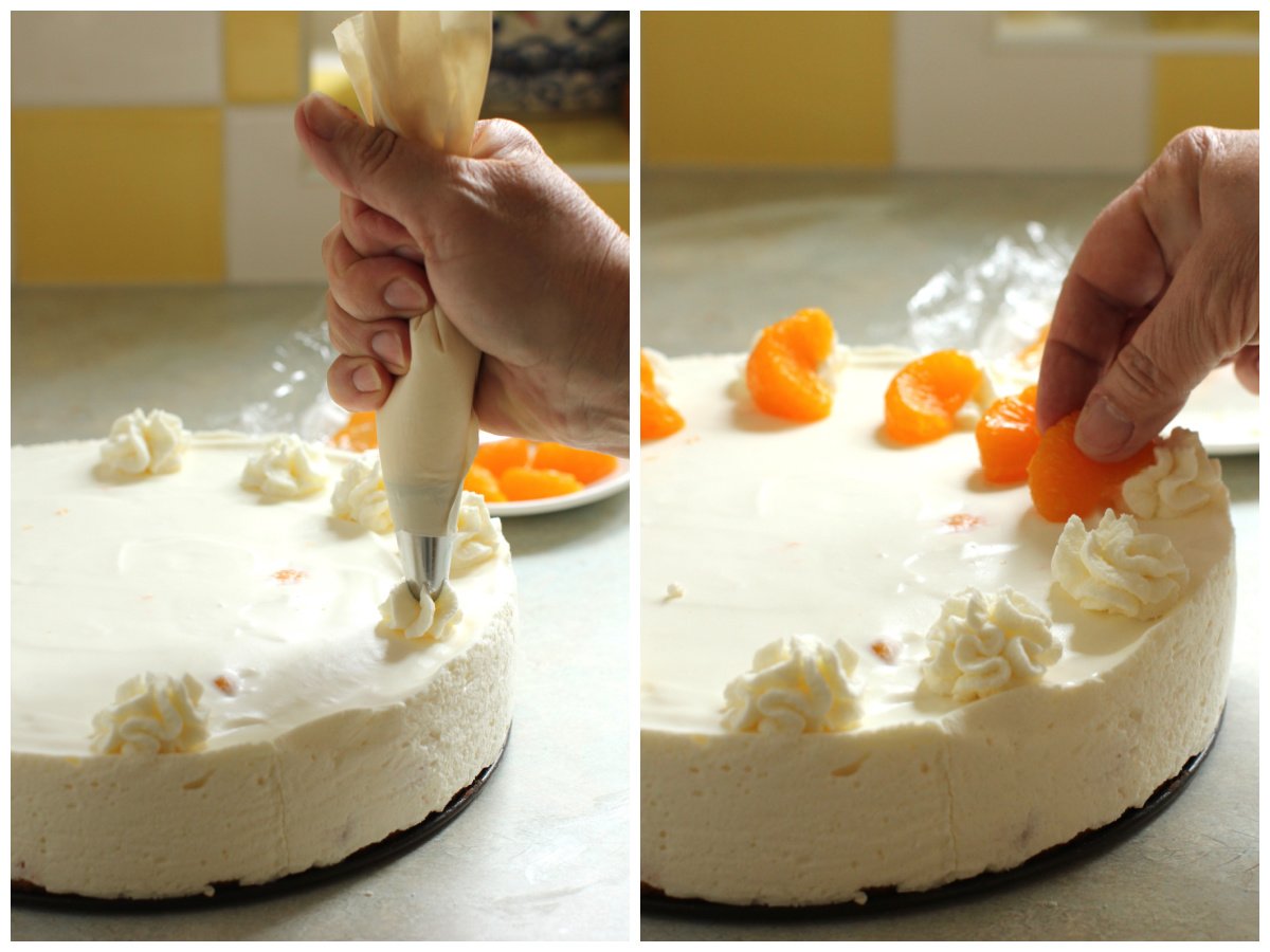 2 photo collage of piping rosettes on top of the cake and adding the orange segments.