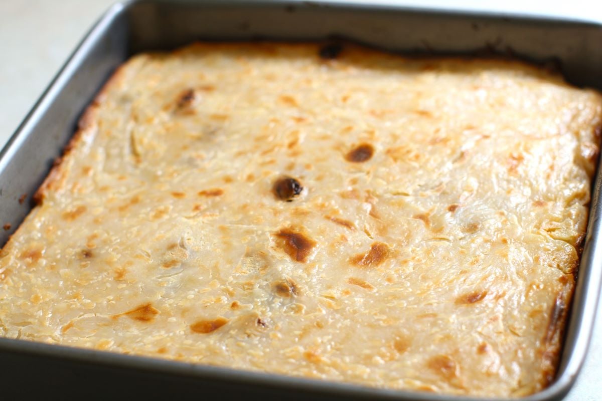 Square pan of baked tamale.