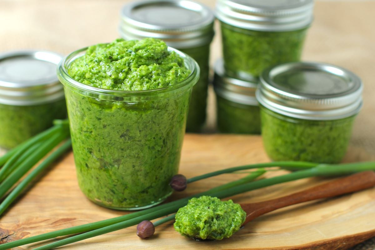 Jars of pesto ready for the freezer.