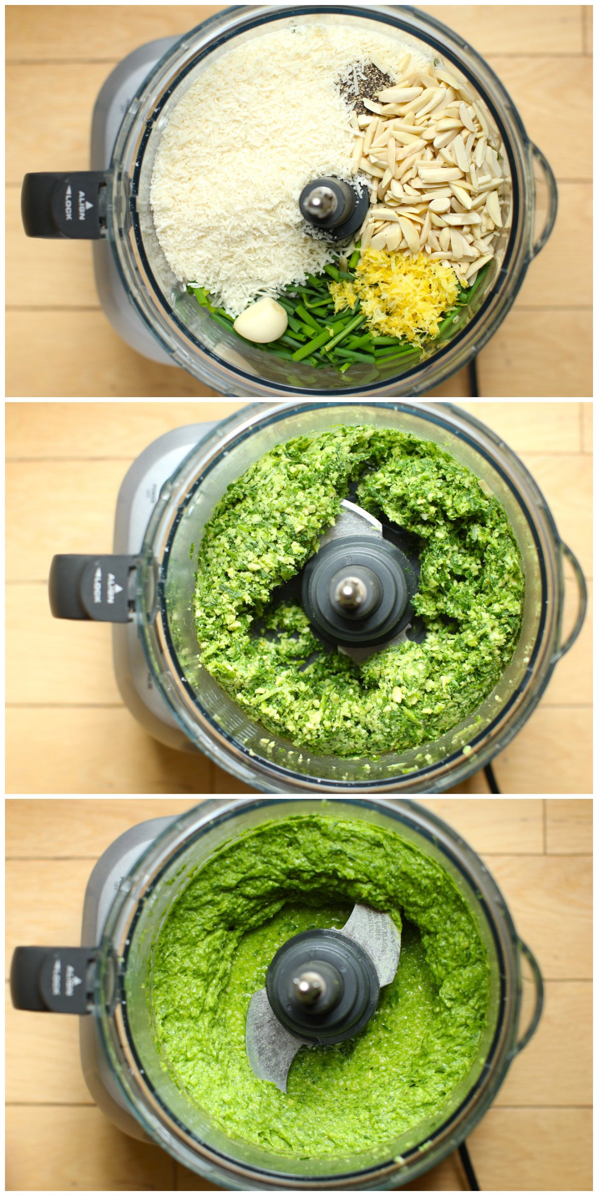 Three photo collage of making the pesto in the food processor.