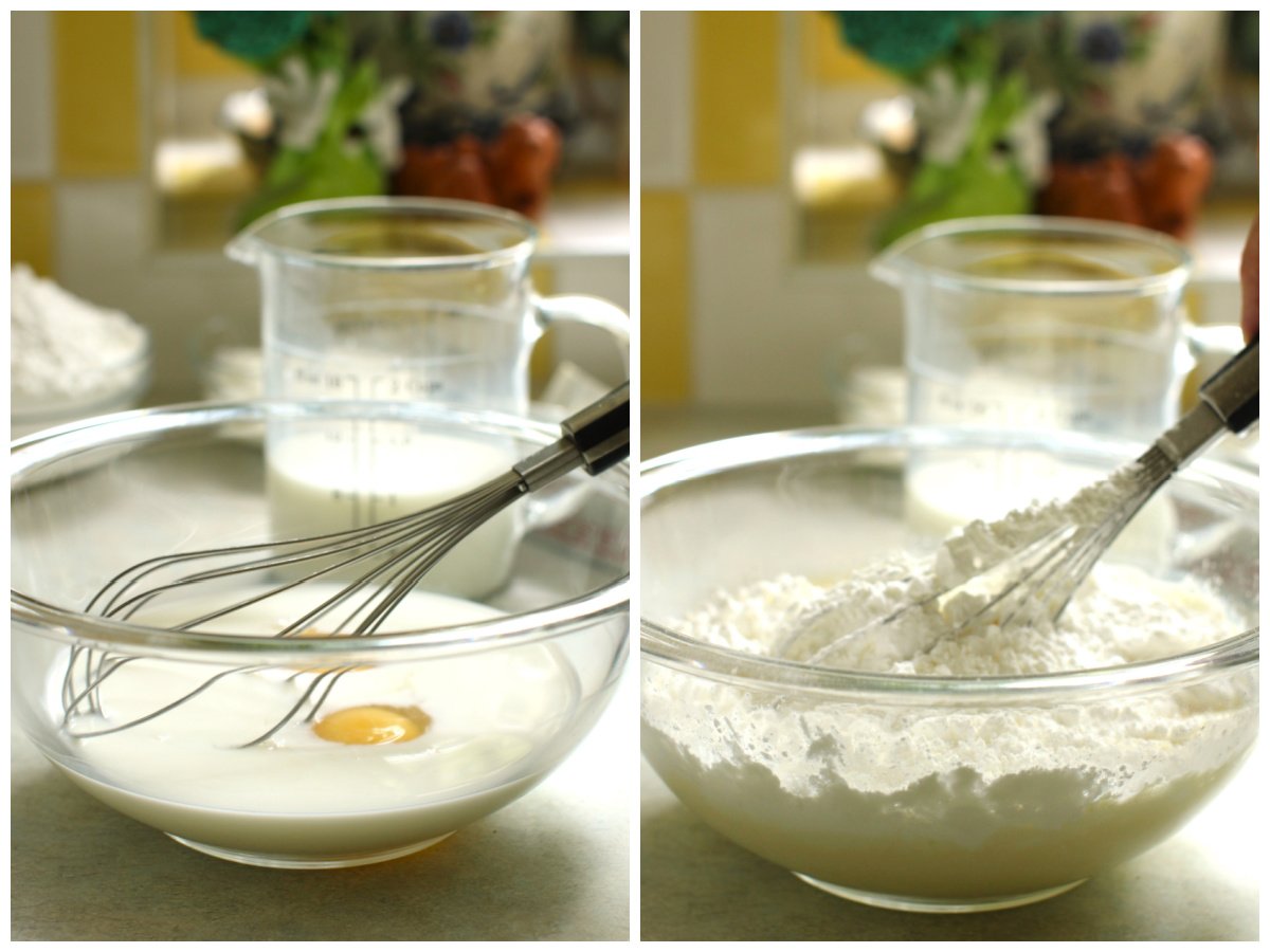 2 photo collage. Left: whisking the eggs and milk. Right: adding the flour.