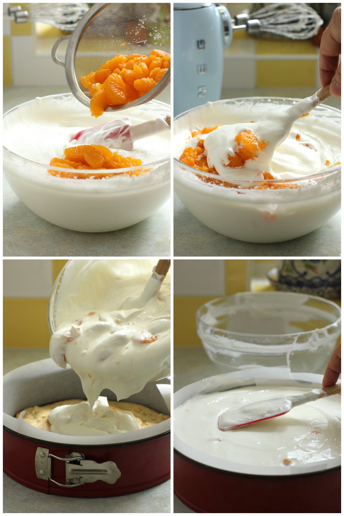 4 photo collage - add the orange segments to the mousse, fold them in, pour the batter into the pan, smooth the top.