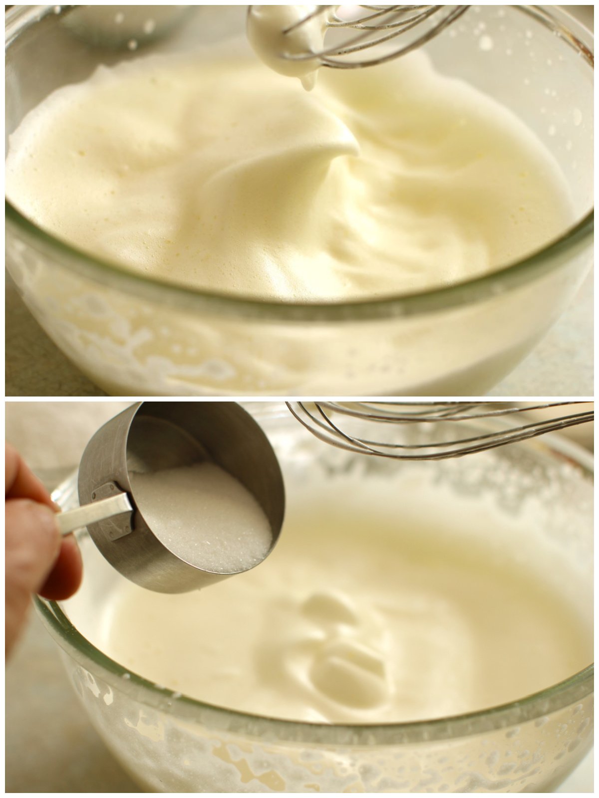 2 photo collage of the whipped egg and adding the sugar.