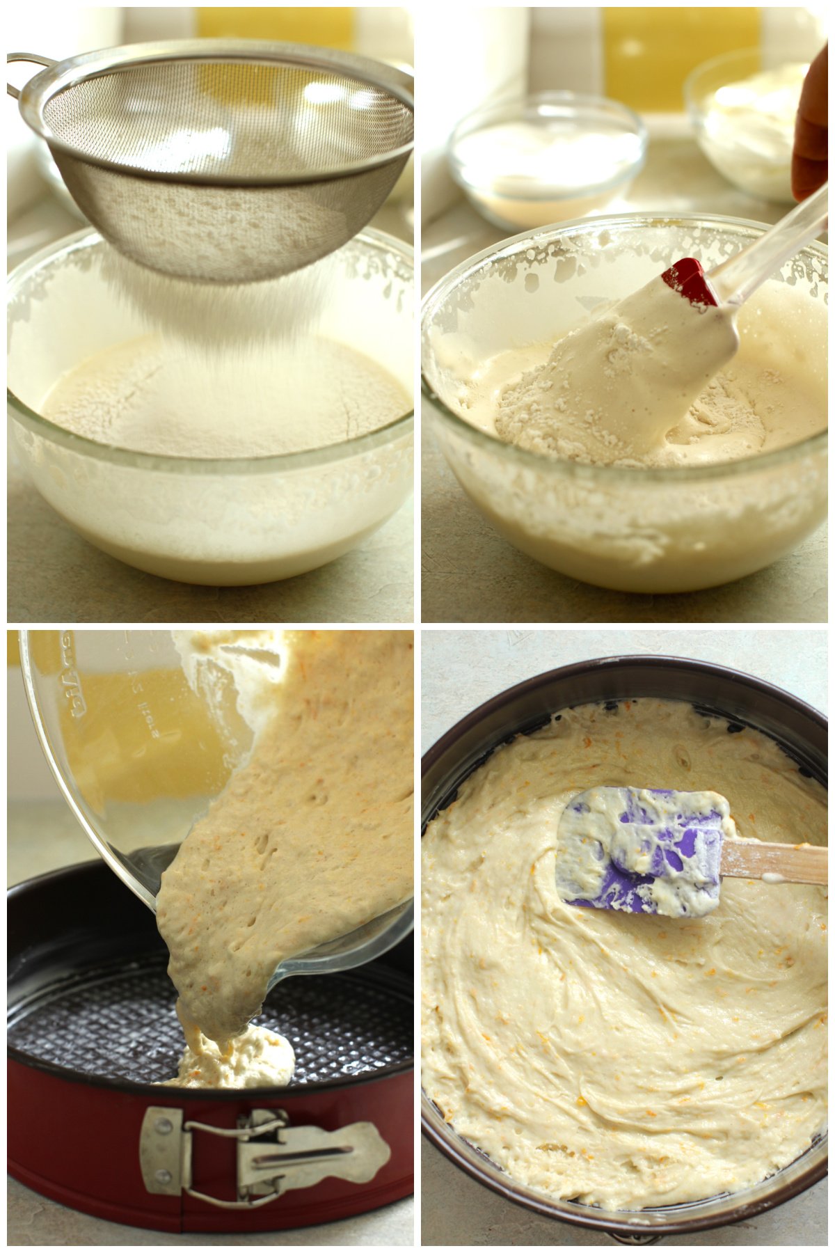4 photo collage, sifting in the flour, folding it in, pouring the batter into the pan, and smoothing the top for baking.