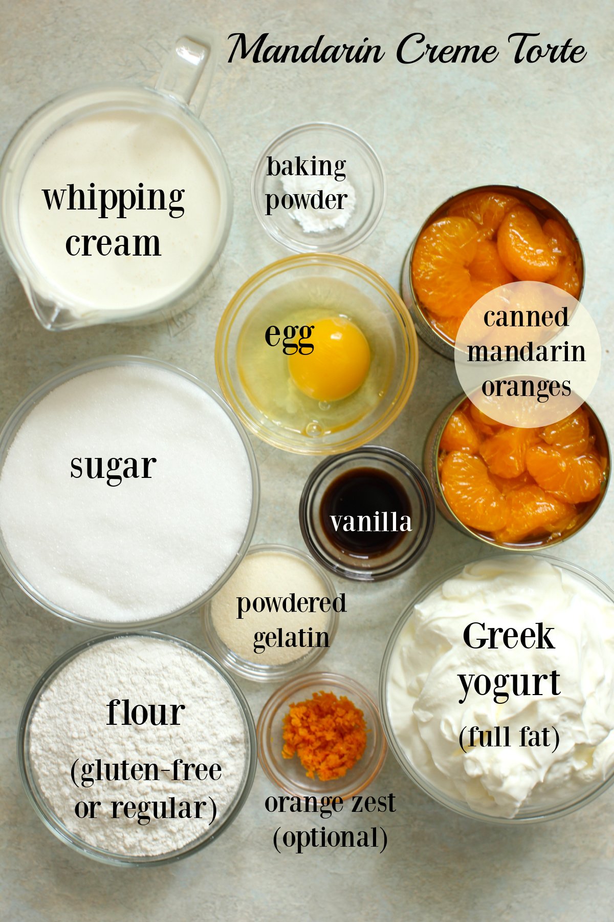 Photo of all the ingredients needed, in small bowls and labeled.