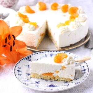 Square photo of slice of mandarin cream torte with cake behind.