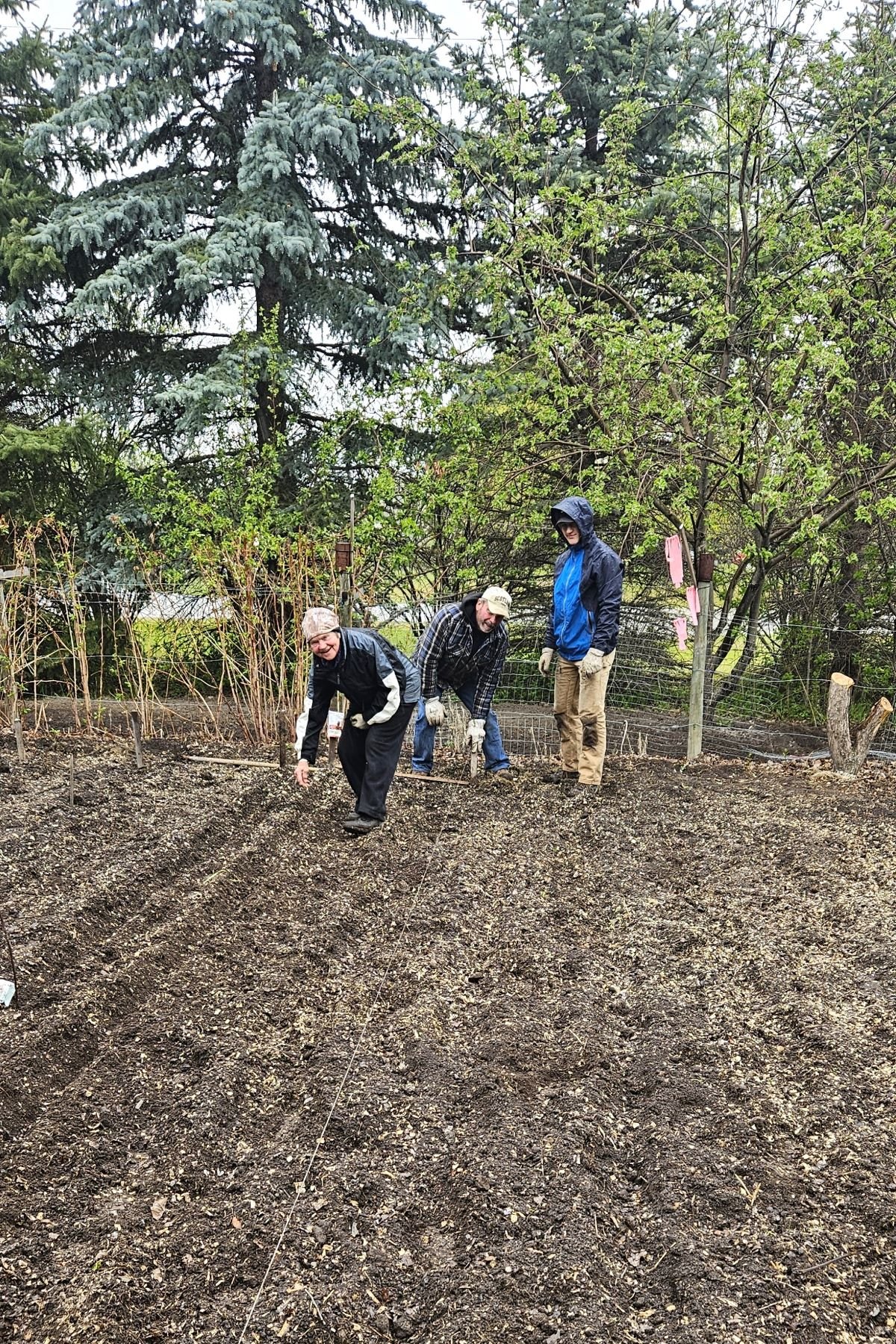 Mom, Riley, and Raymond planting the garden in the rain.