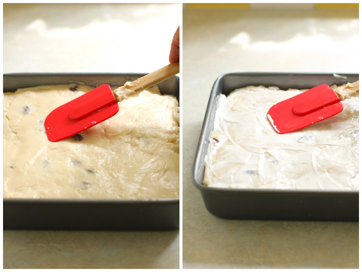 2 photo collage, left: smoothing the dough in the pan with a spatula. right: spreading on the sour cream.