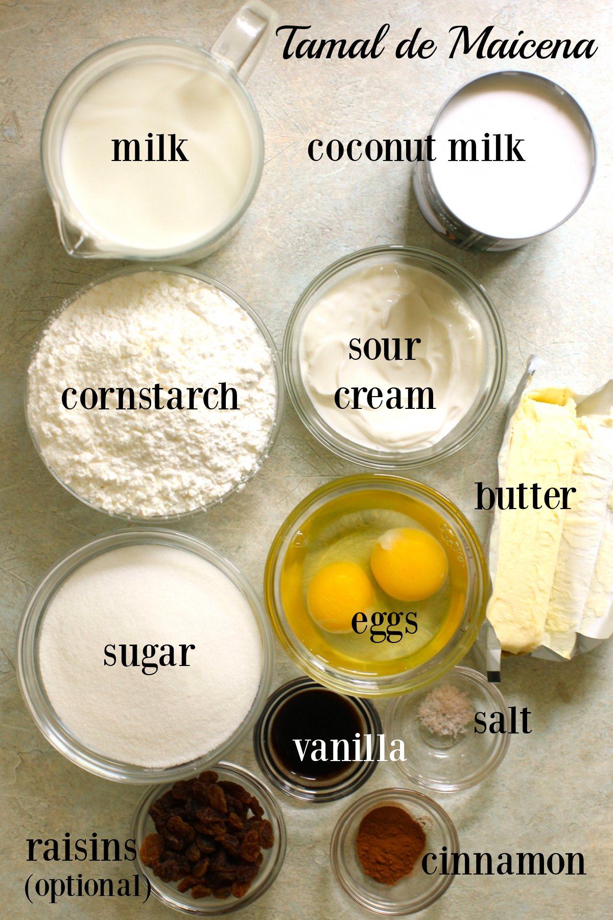 Labeled ingredients for Tamal de Maicena, Costa Rican sweet corn tamale.