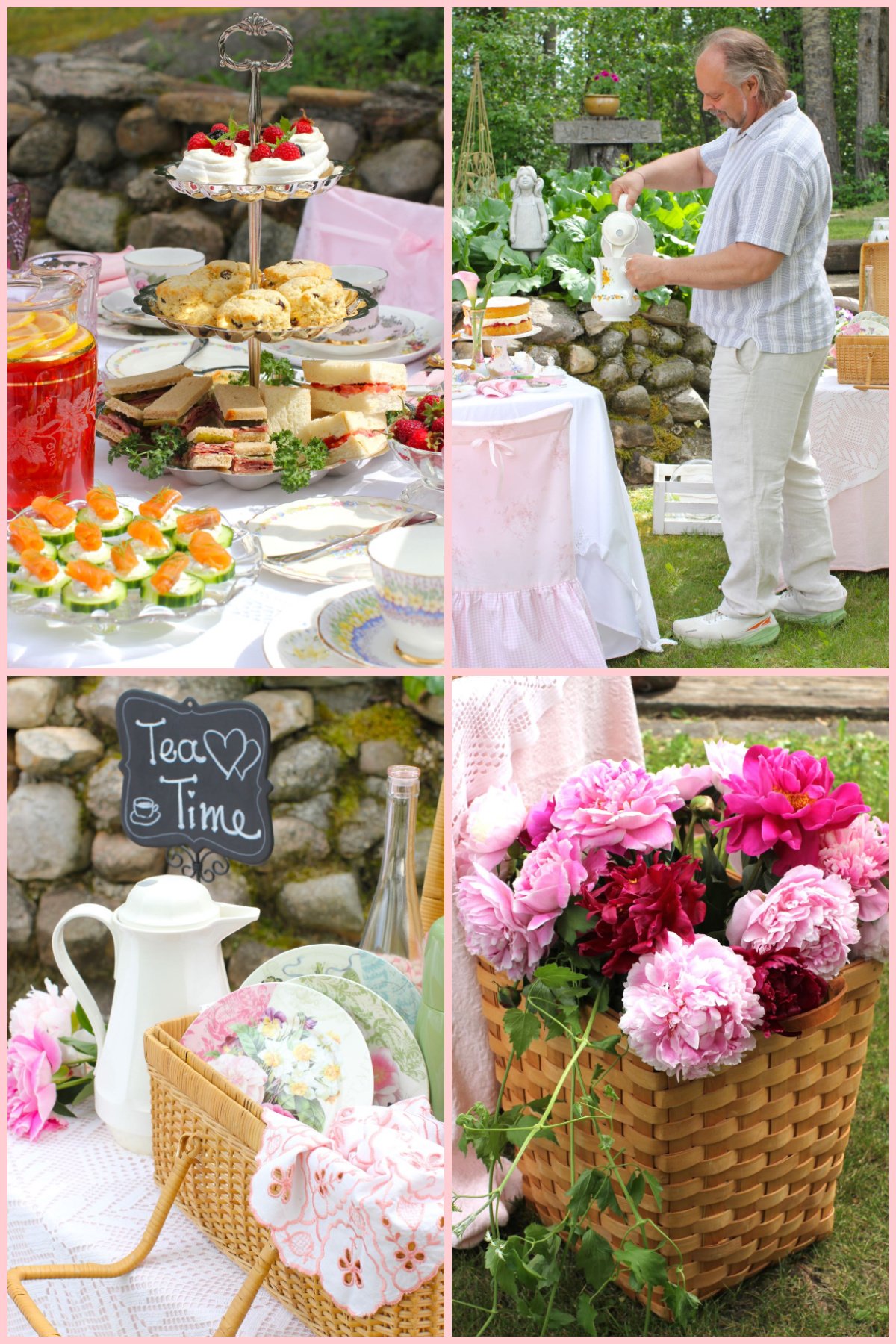 4 photo collage of afternoon tea picnic.