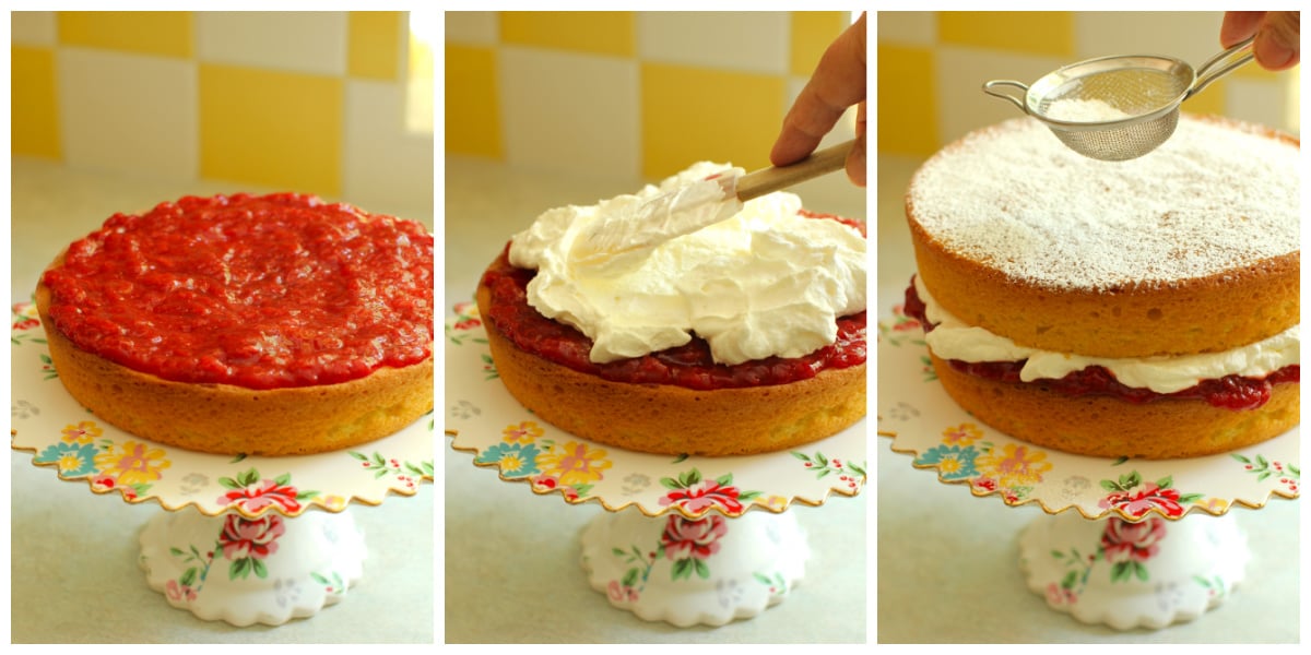 3 photo collage showing spreading the jam on the cake, adding the whipped cream, and then the top layer and dusting it with icing sugar.