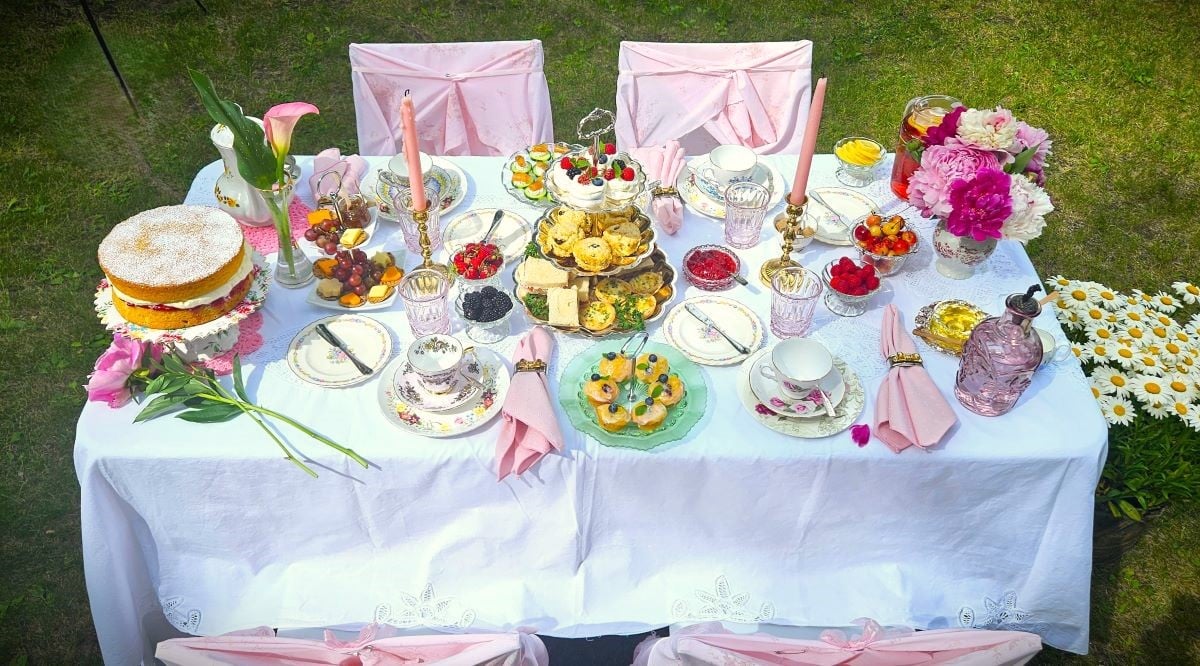 Looking down at the table set with Afternoon Tea