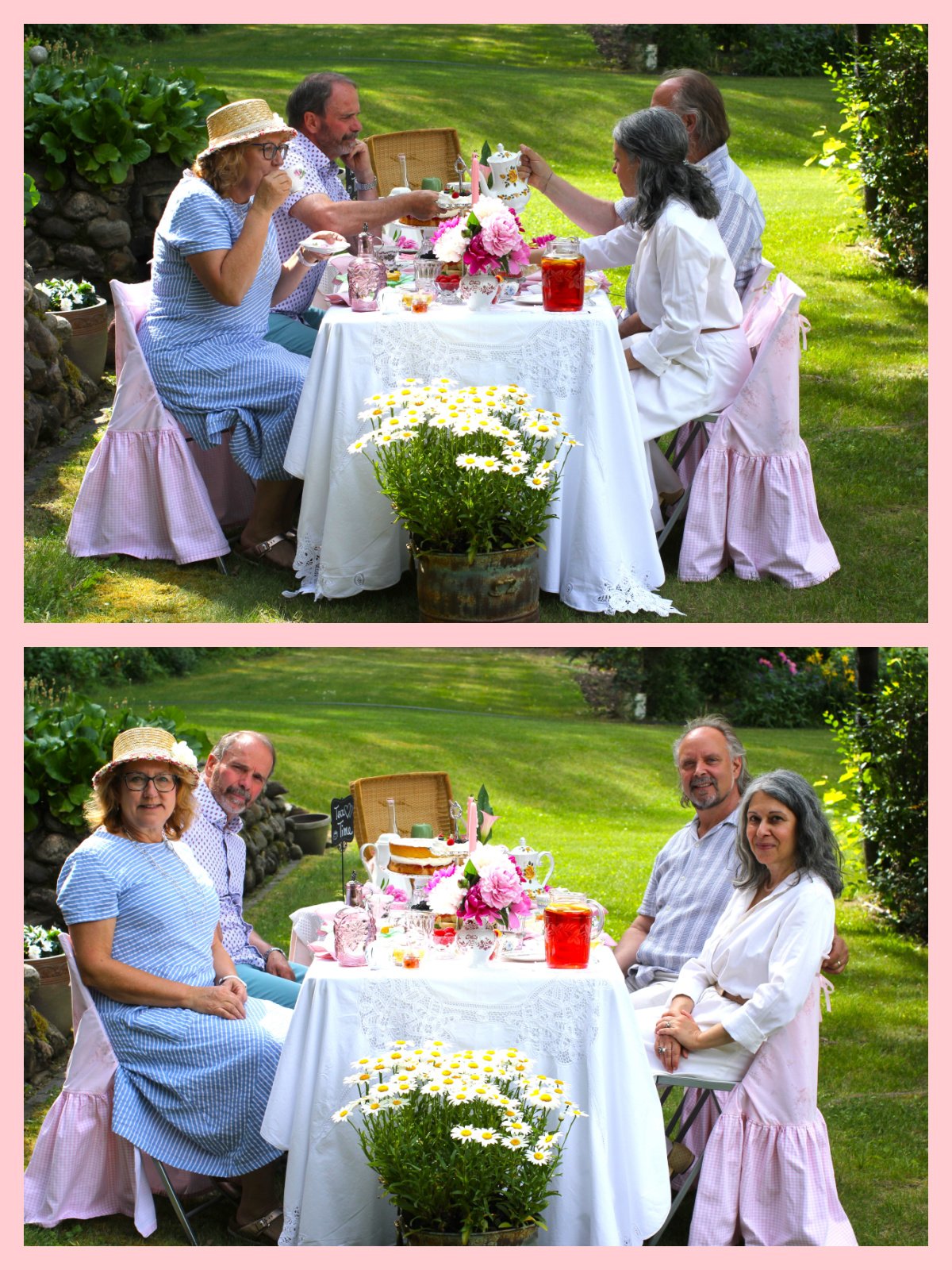 Two photos of us enjoying our afternoon tea outside.
