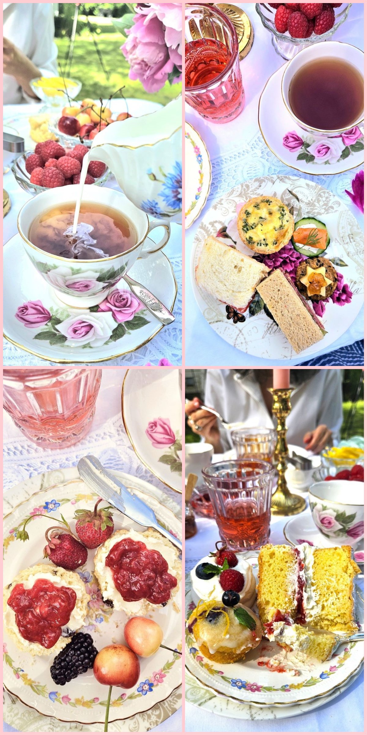 4 photo collage of plates filled with each course of the Afternoon Tea.