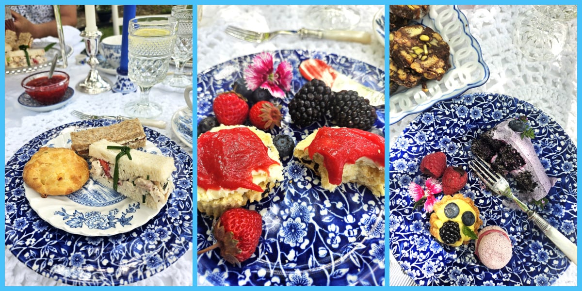 3 photo collage of the different courses for the blue and white afternoon tea on blue china plates.