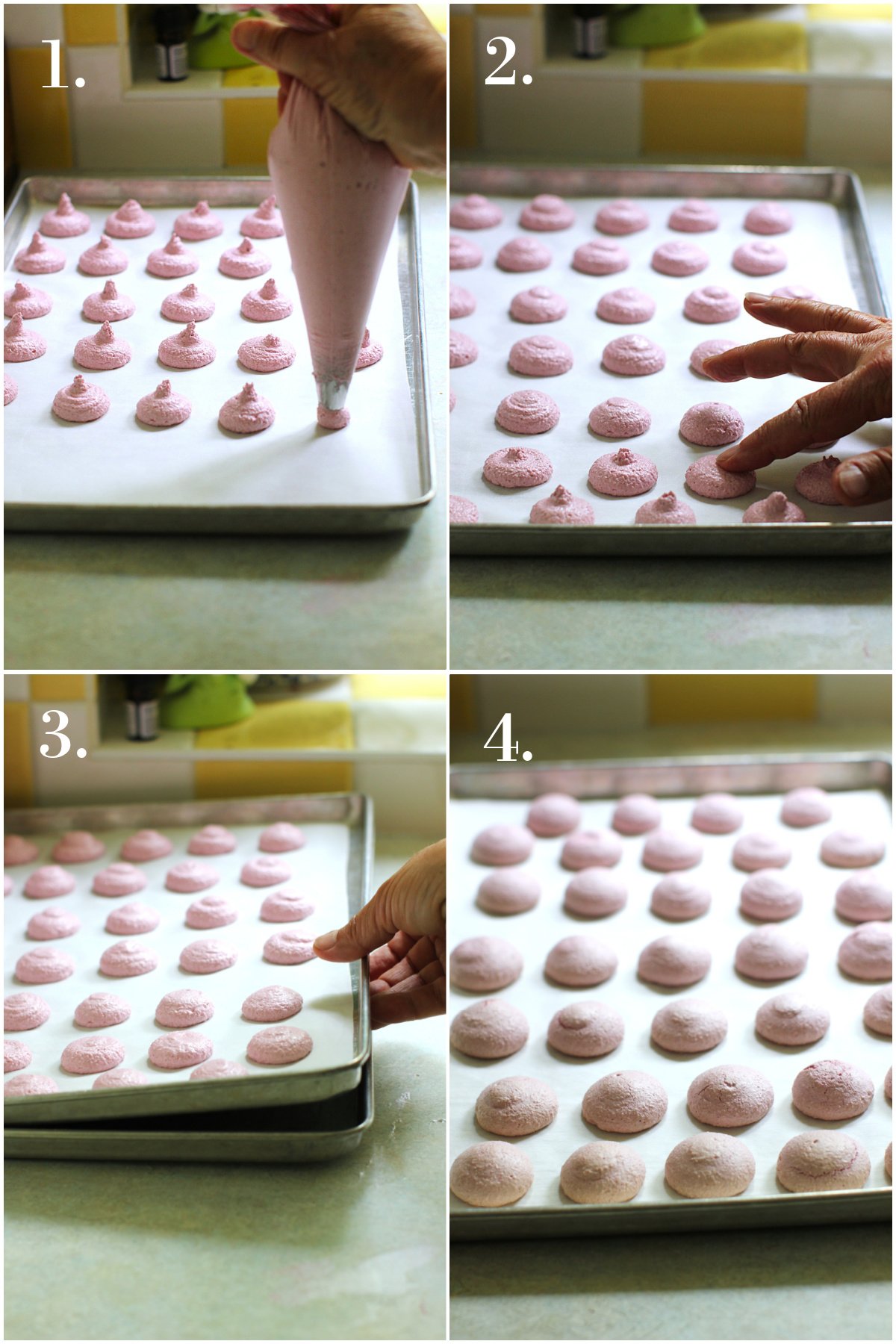 4-photo collage of piping the raspberry meringue kisses onto the cookie sheet, pressing down the peaks, doubling the baking pans, and the baked meringues out of the oven.