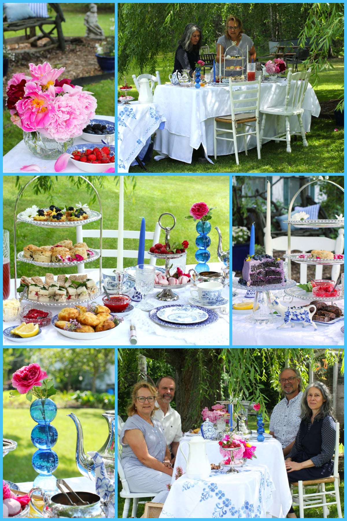 Collage of photos of blue & white afternoon tea picnic outside.