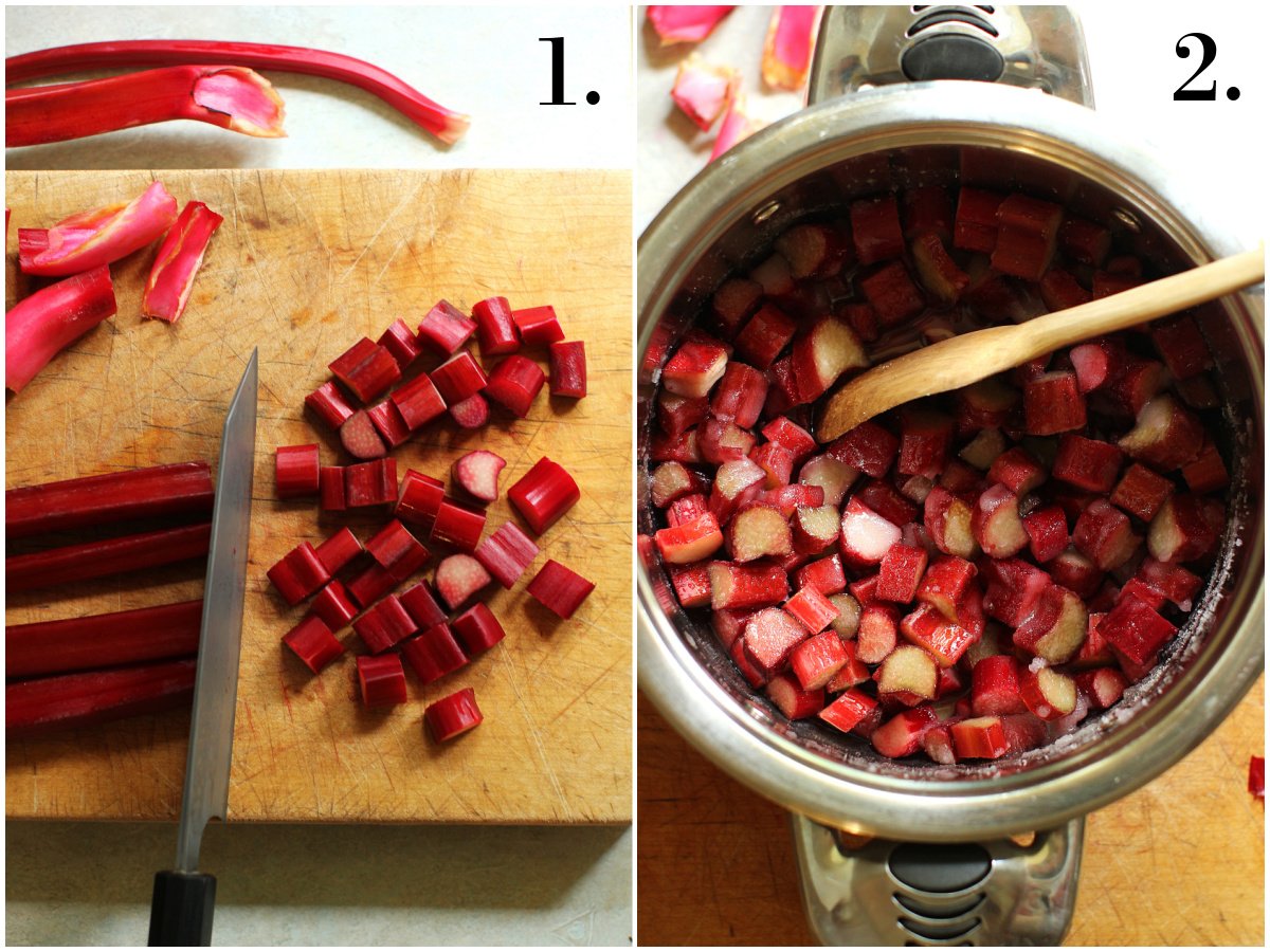 2 photos of preparing rhubarb for rhubarb butter. Left - cutting up the stalks. Right - pieces in the pot with sugar and lemon juice.