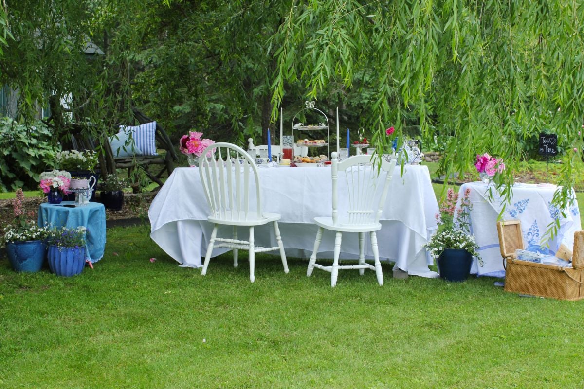 Table set for Blue & White Afternoon Tea outside under the weeping willow tree.