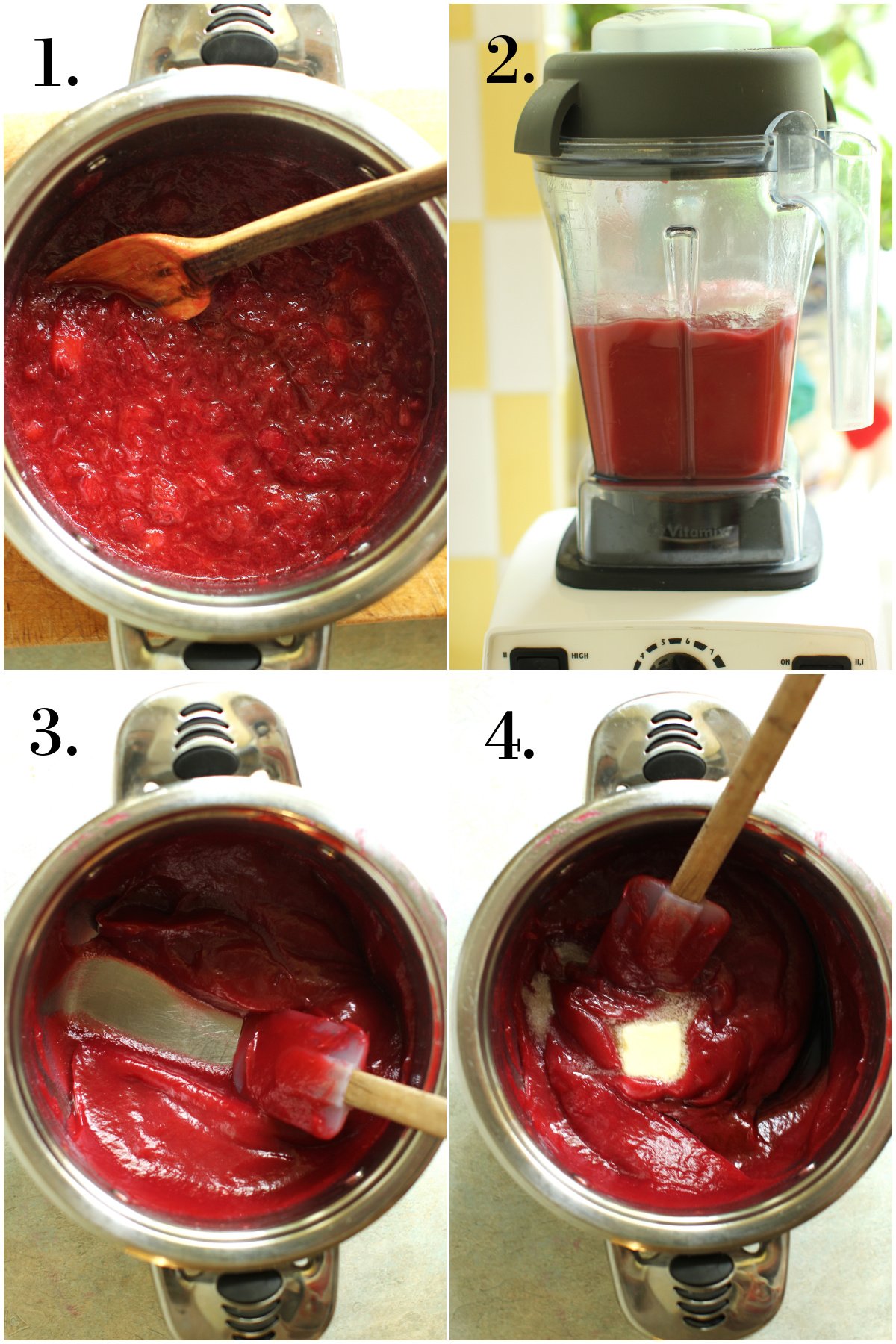 4 photo collage. 1. Cooking the rhubarb in the pot until tender. 2. Whizzing it up in the blender. 3. Cook the rhubarb butter til it thickens - it's ready when a spatula dragged through it leaves a clean channel. 4. Adding in the butter and vanilla.