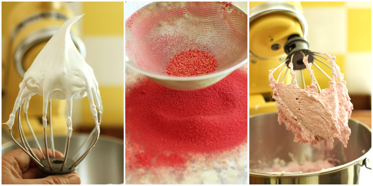 3-photo collage of whipping the raspberry meringue kisses.