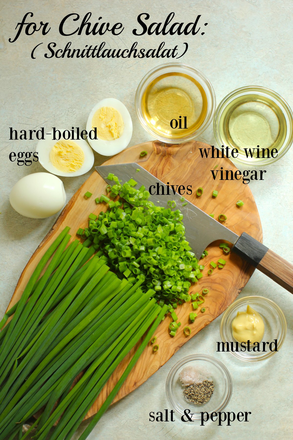 Labeled ingredients needed for a chive salad (Schnittlauchsalat).
