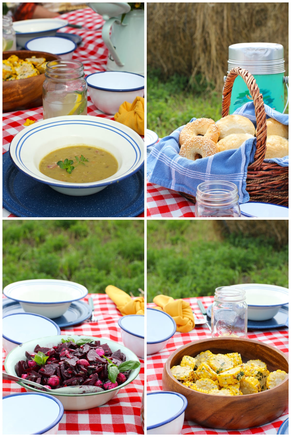 4 photo collage of the main dishes for the picnic. top left: pea soup, top right: buns and thermos. bottom left: beet salad. bottom right: corn pinwheels.