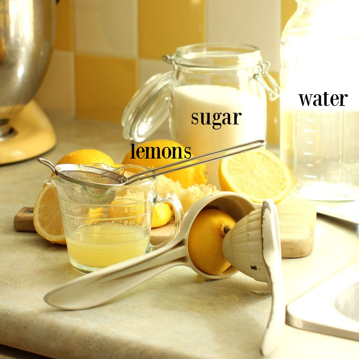 labeled ingredients for fresh lemonade on counter.