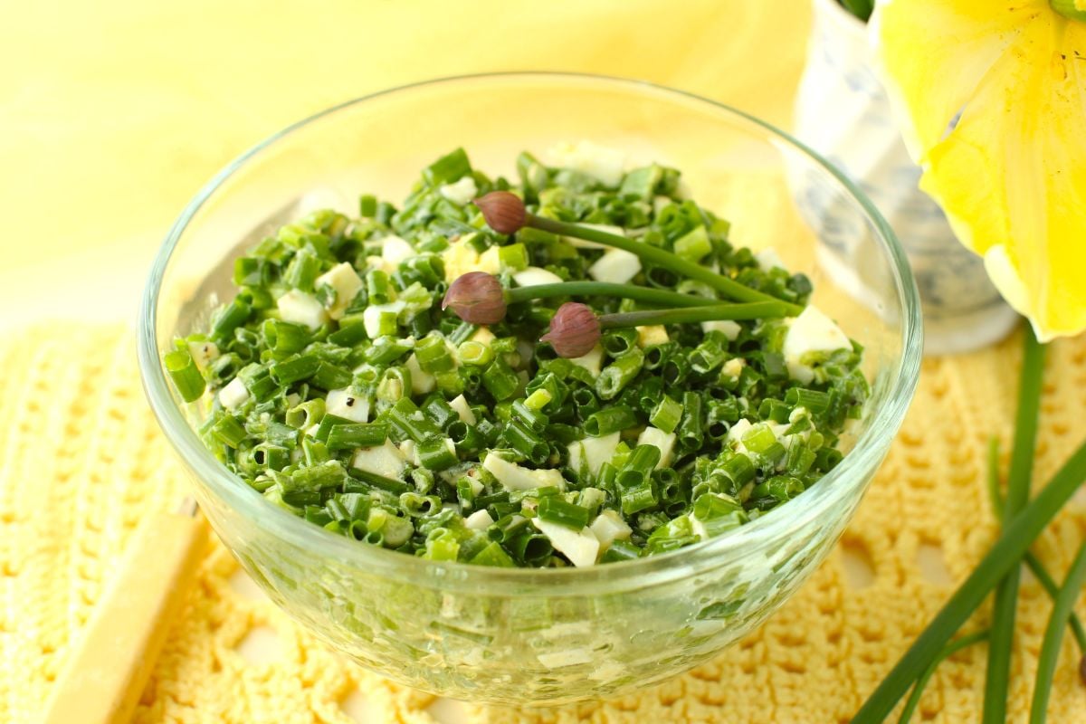 Bowl of chive salad (Schnittlauchsalat) with chive buds on top for garnish.