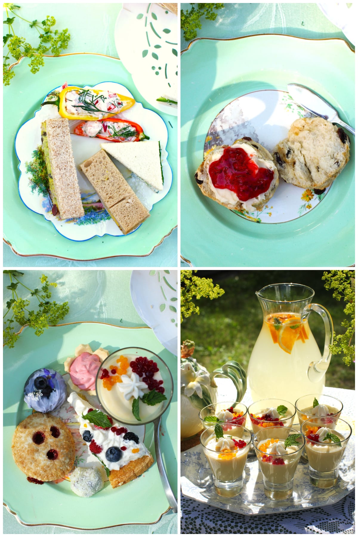 Collage of the 4 different courses of food on a plate.