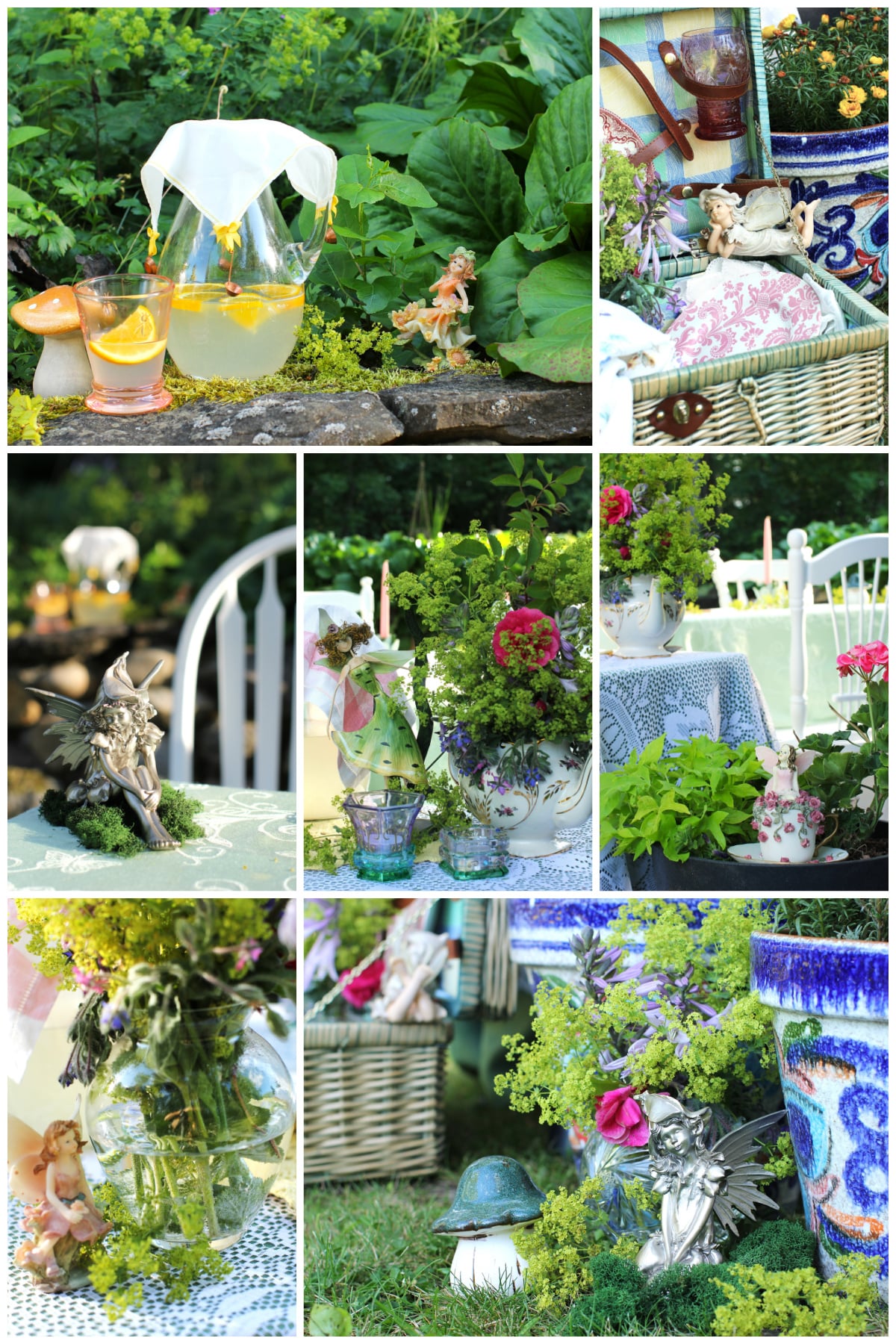 Collage of assorted fairies tucked in to spots around our afternoon tea table.