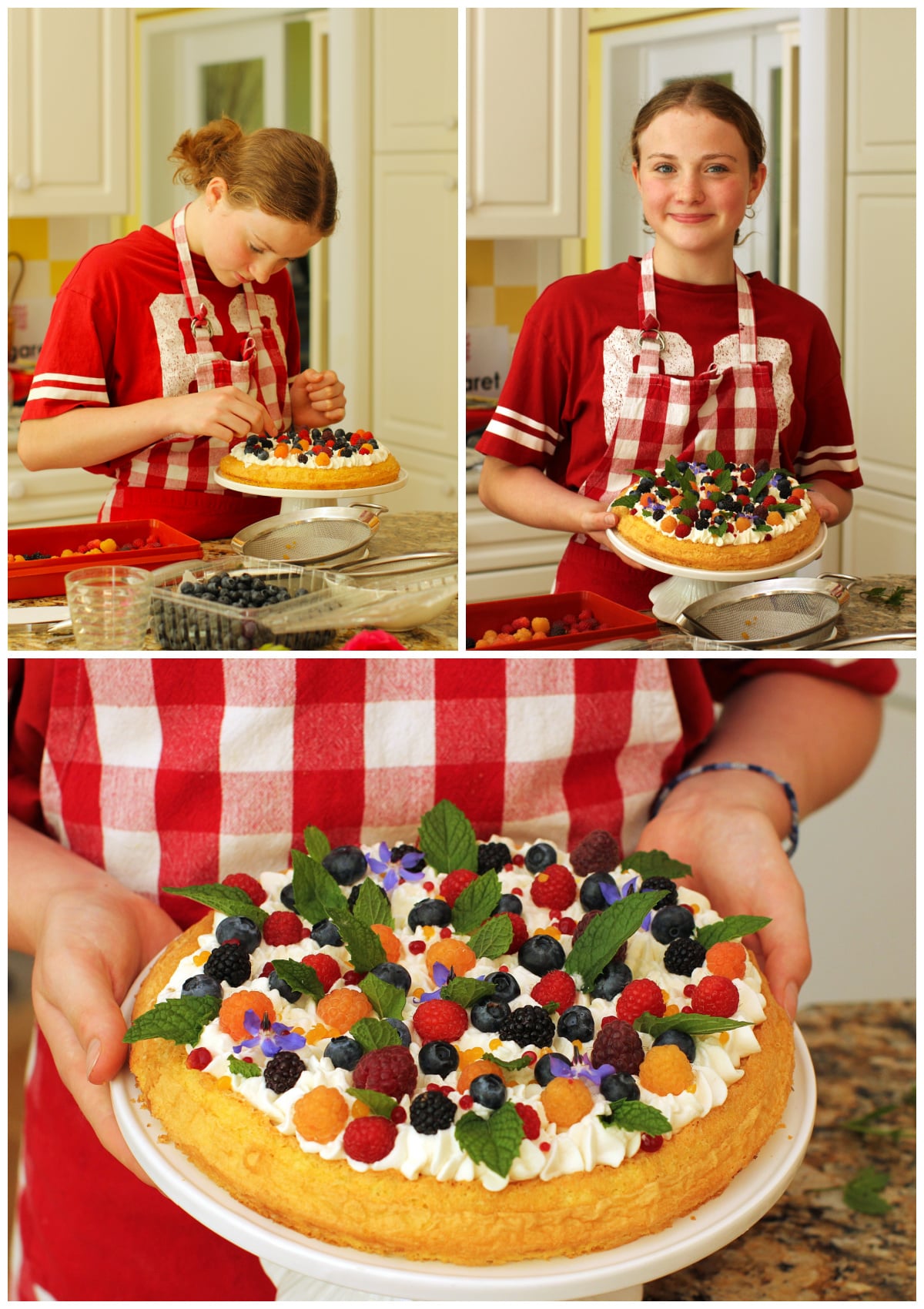 3 photo collage of Amelia decorating the fruit and flower almond cake.