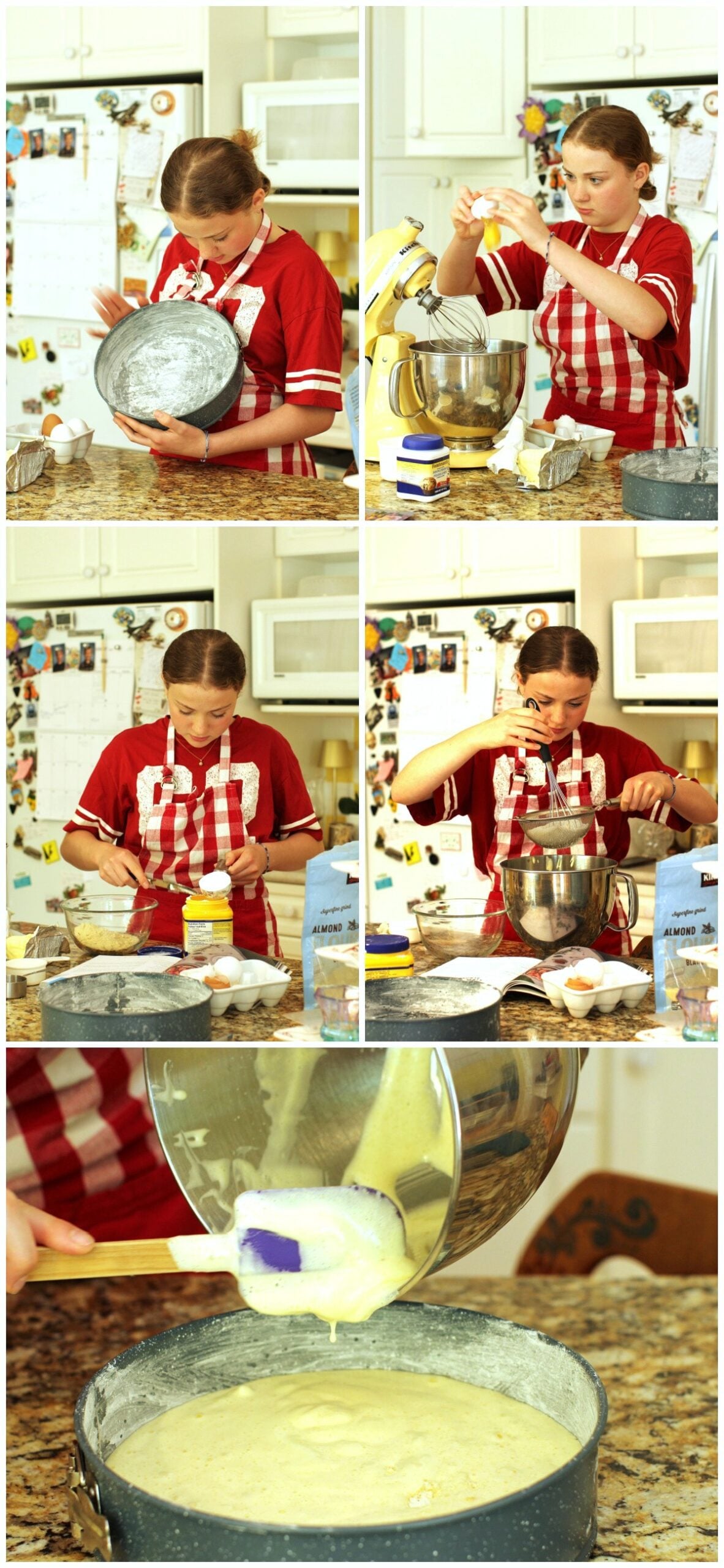 Collage of photos of Amelia baking the almond cake