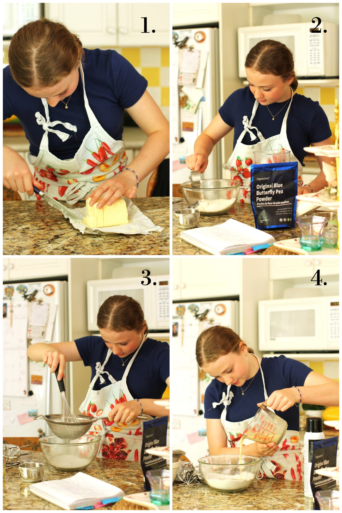 4 photo collage of Amelia making the mini blue donuts.