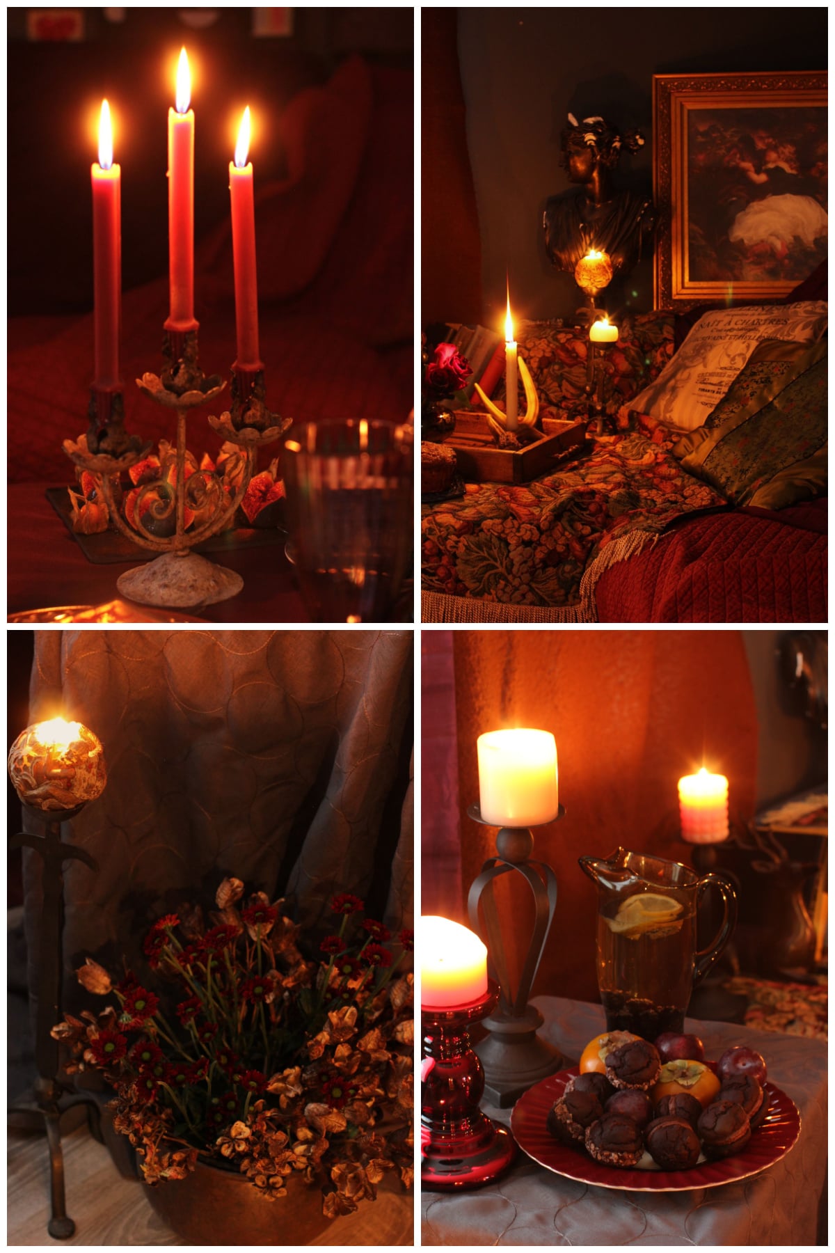 collage of different candles lighting up our moody magic afternoon tea party.