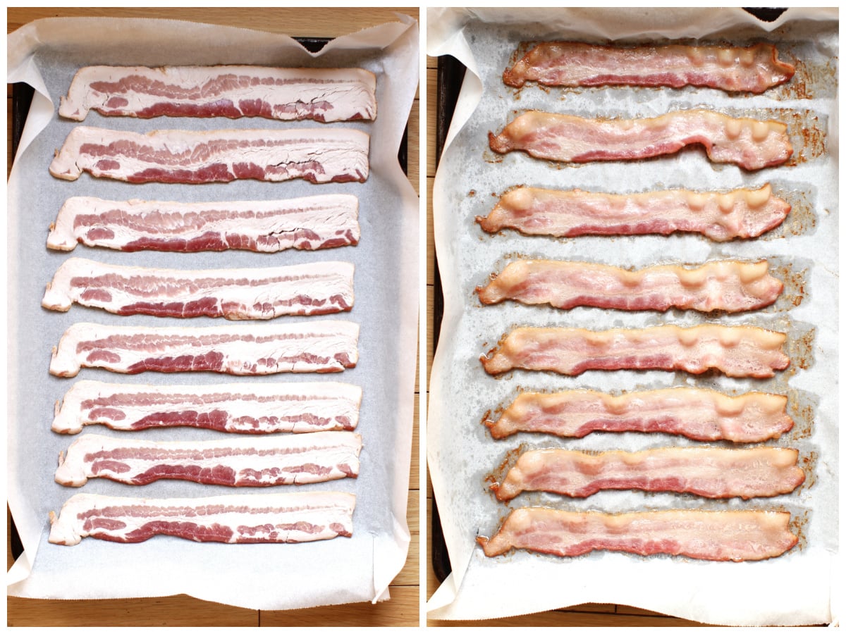 2 photo collage of bacon slices in the pan, uncooked on the left, and cooked on the right.