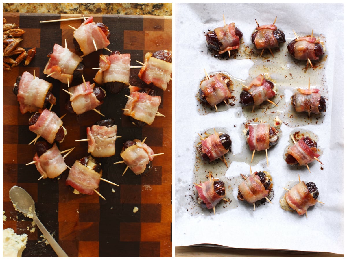 Two photo collage, left is bacon wrapped dates on cutting board, ready for oven. Right is bacon wrapped dates on paper lined baking sheet, after being baked.