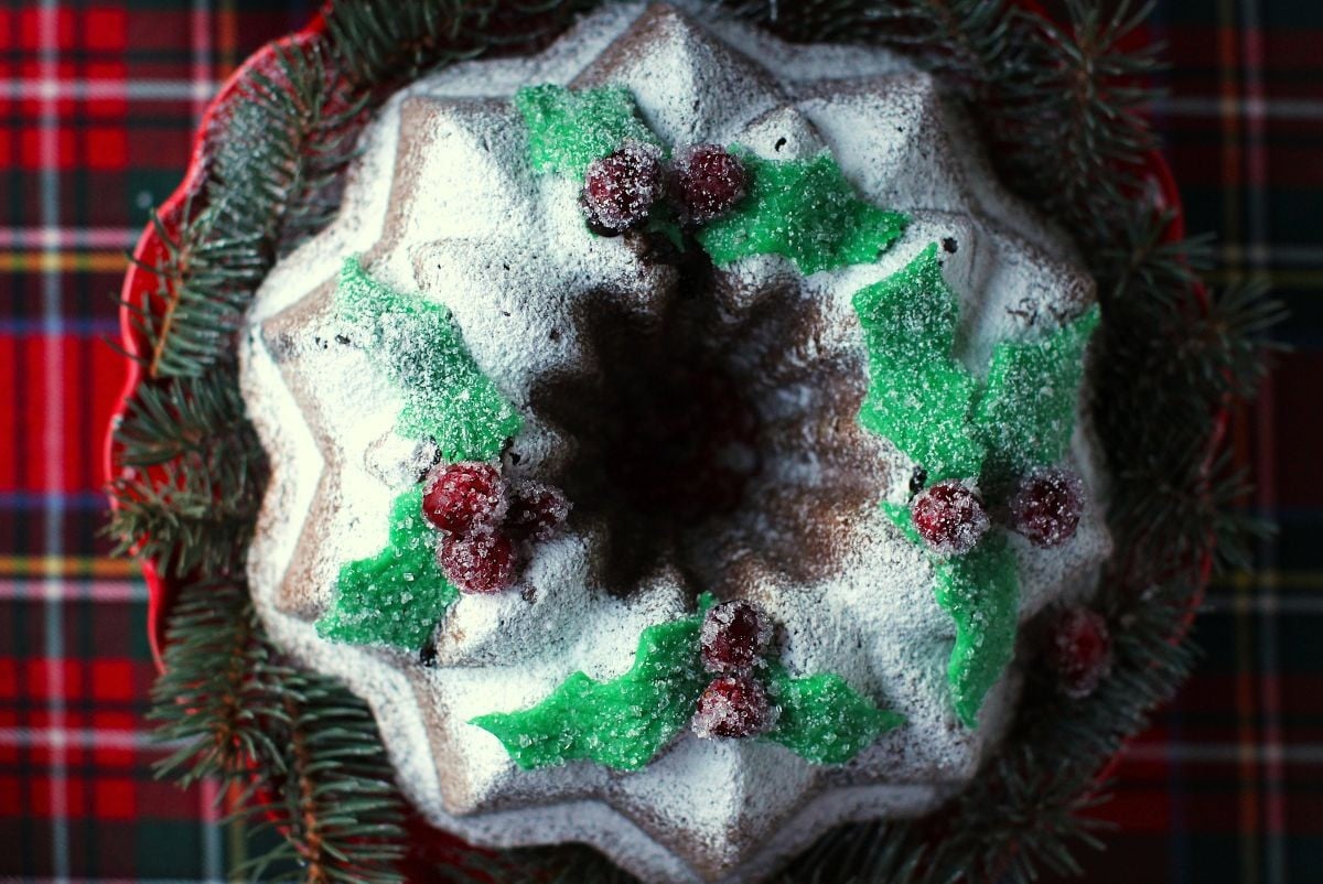 Top down view of the Gingerbread Bundt Cake all decorated.