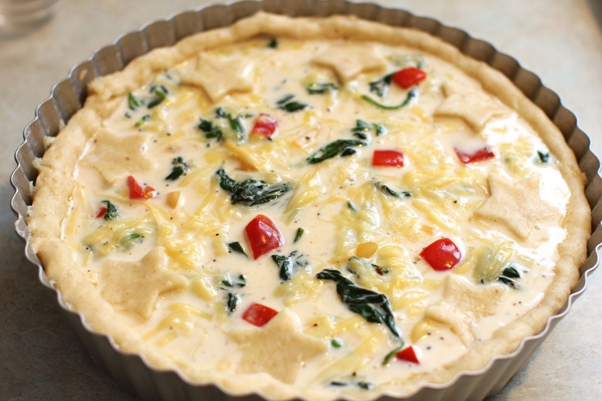 Christmas quiche ready for the oven.