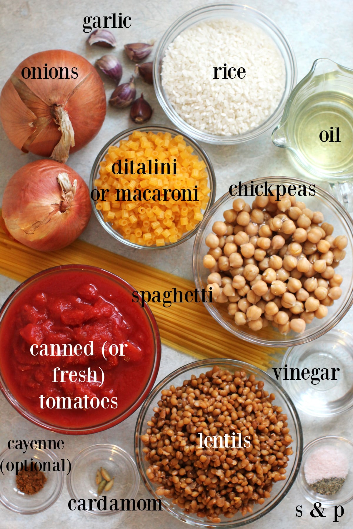 Labeled ingredients for kashari.