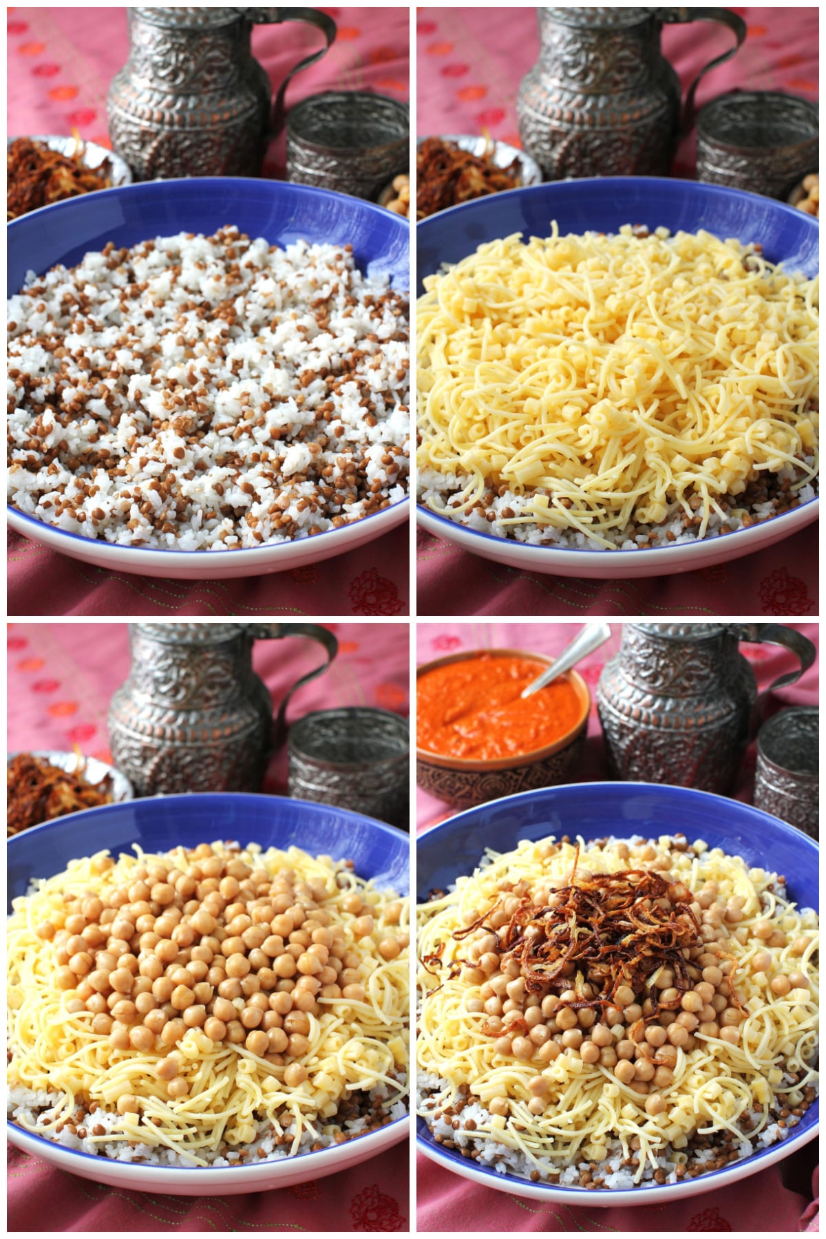 4 photo collage showing the layering of the koshari ingredients for serving.