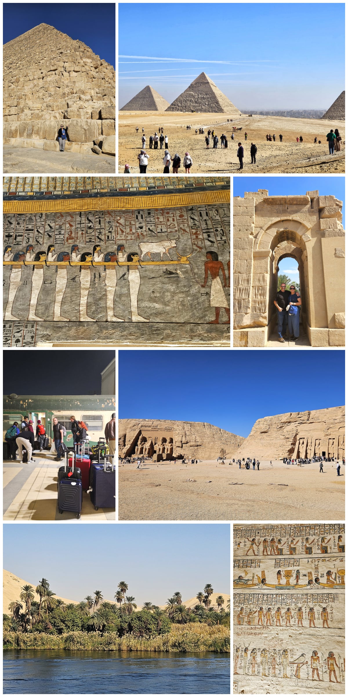 Photo collage of Egypt pictures, including Giza pyramids and boarding the night train.