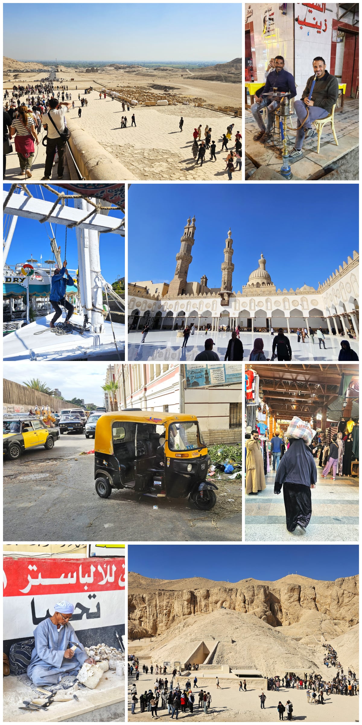 Collage of Egypt photos, including Cairo mosque and a tuktuk.