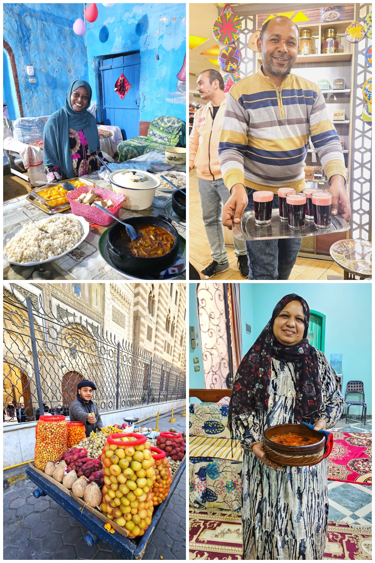 4 photo collage of people offering food in Egypt.