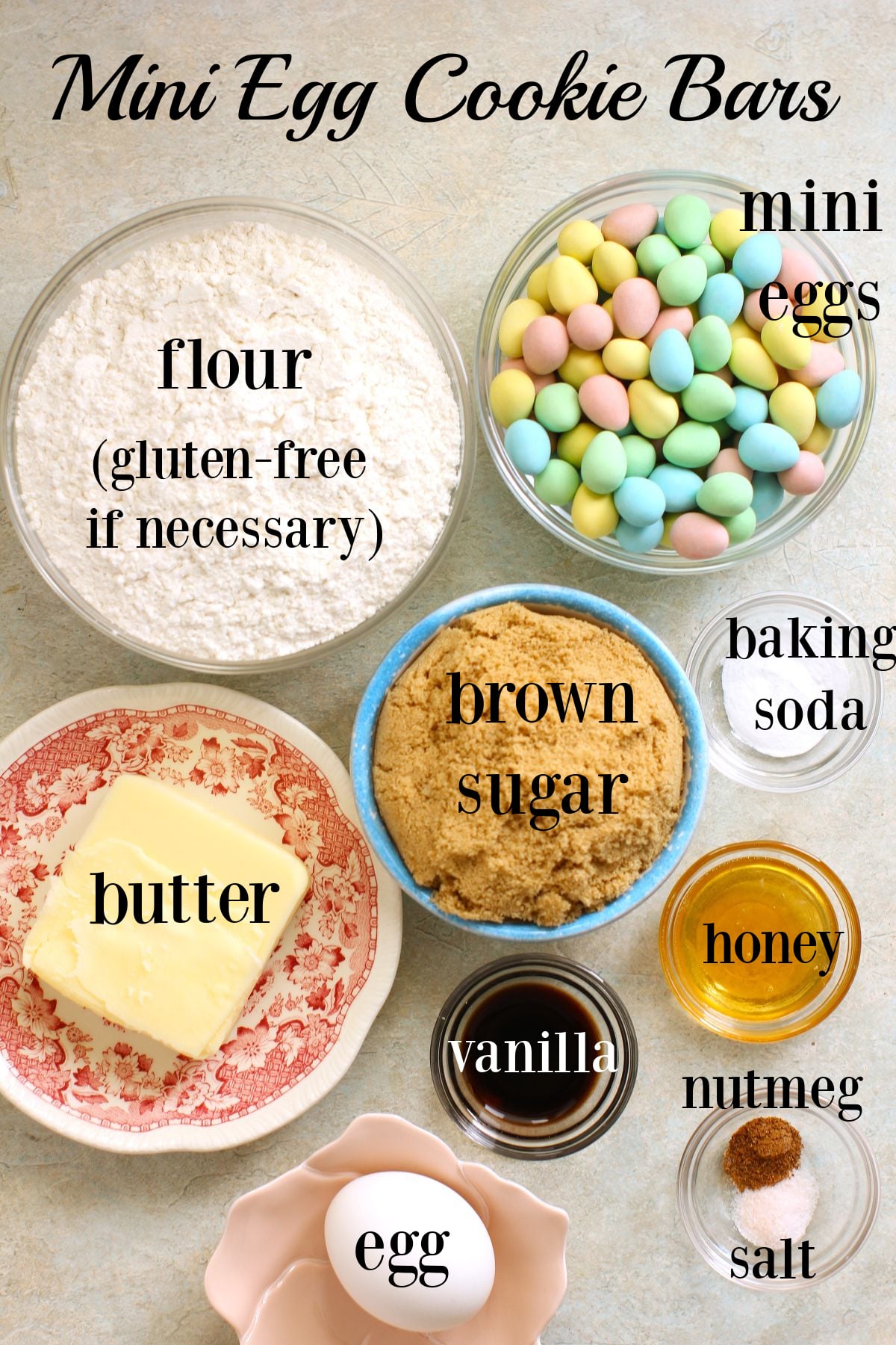 Labeled ingredients to make mini egg cookie bars.