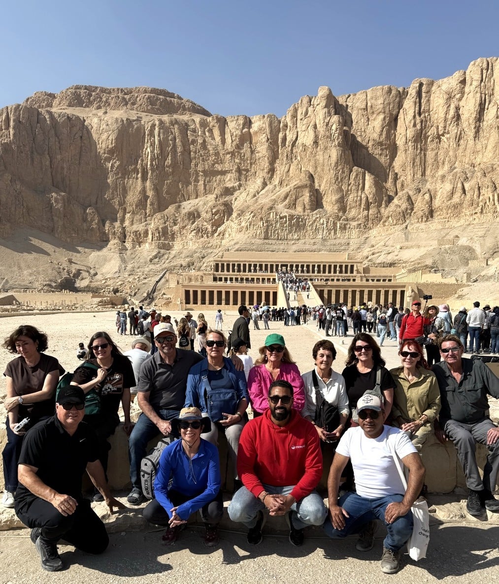 Our Intrepid group photo in front of Queen Hatshepsut's tomb.